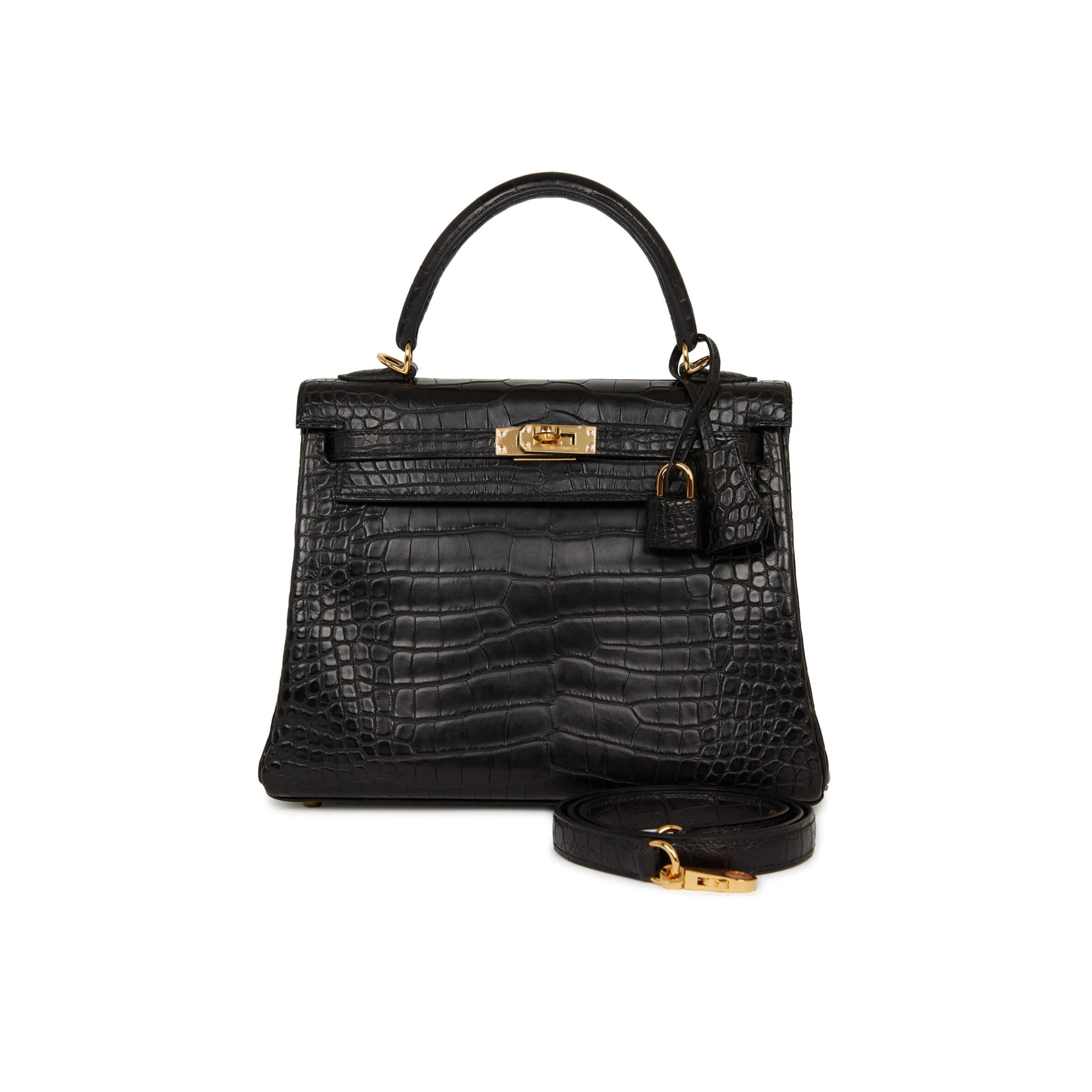 H**me5 MASTER KELLY RETOURNE 25 BLACK MATTE ALLIGATOR GOLD HARDWARE (25*20*13cm) Master Quality
